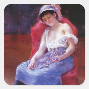 Pegatina Cuadrada Pierre Renoir - Chica durmiente (Chica con gato)
