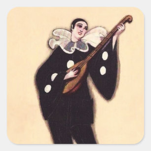 Pegatina Cuadrada Pierrot en negro tocando el laúd por Sophia Chiost