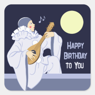 Pegatina Cuadrada Pierrot payaso cantando lute cumpleaños CC1269
