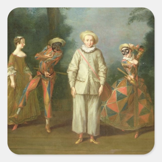 Pegatina Cuadrada Pierrot y Harlequin (Anverso)
