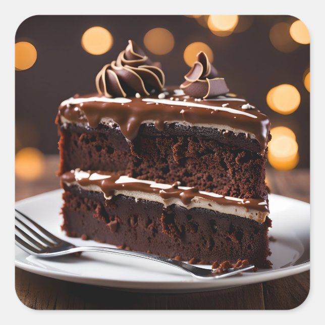 Pegatina Cuadrada Pieza De Pastel De Chocolate (Anverso)