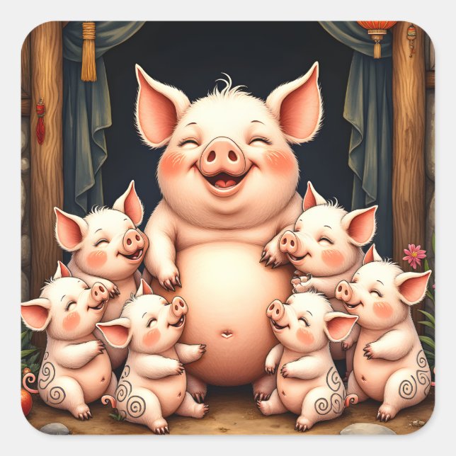 Pegatina Cuadrada  Pig Art – Mother & Piglets (Anverso)