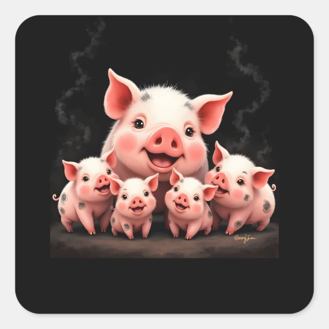 Pegatina Cuadrada Pig Artwork – Mother Pig & Piglets (Anverso)