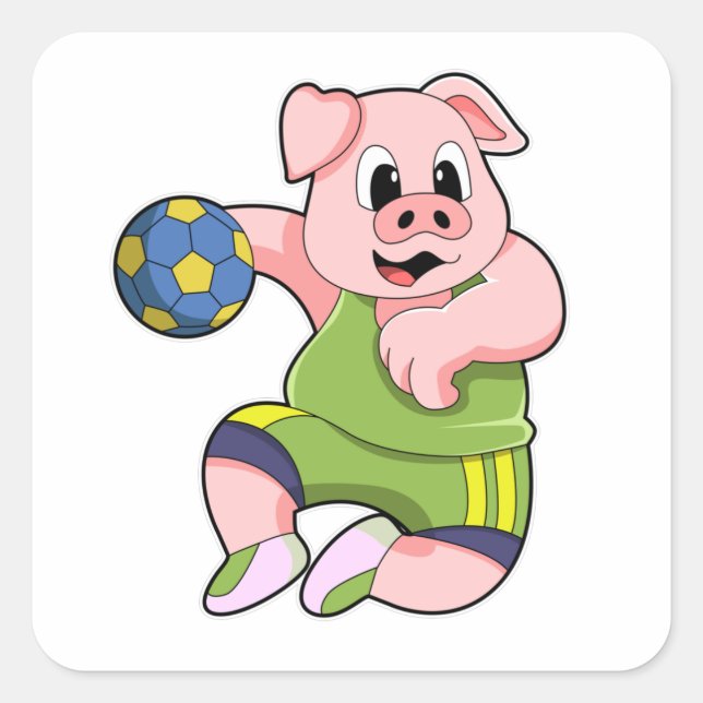 Pegatina Cuadrada Pig como jugador de balonmano con balonmano (Anverso)