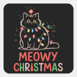 Pegatina Cuadrada Pijama de gato negro de luces de Navidad Meowy Xma