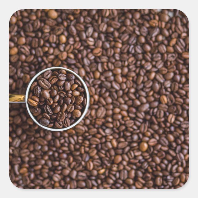 Pegatina Cuadrada Pila de judías con café lleno de habas (Anverso)