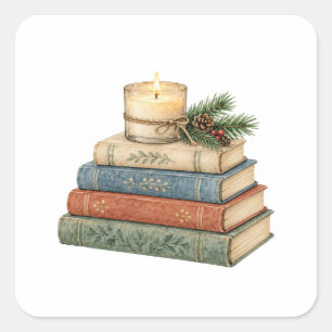 Pegatina Cuadrada Pila de Libros Acogedores con Vela y Pino