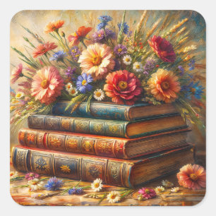 Pegatina Cuadrada Pila de libros antiguos arte floral
