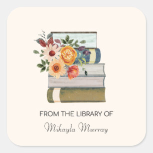 Pegatina Cuadrada Pila de libros con flor Bookplate personalizado