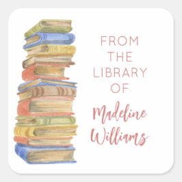 Pegatina Cuadrada Pila de libros de la placa de biblioteca de nombre