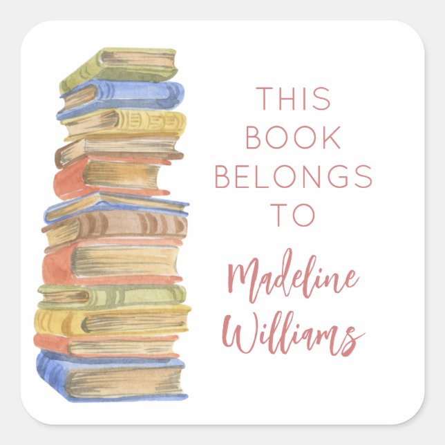 Pegatina Cuadrada Pila De Libros Este Libro Pertenece A La Planta De (Anverso)