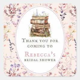 Pegatina Cuadrada Pila de libros para el shower de la novia acuarela