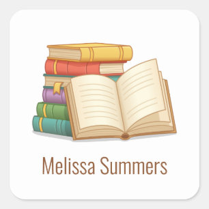 Pegatina Cuadrada Pila de libros y libro abierto