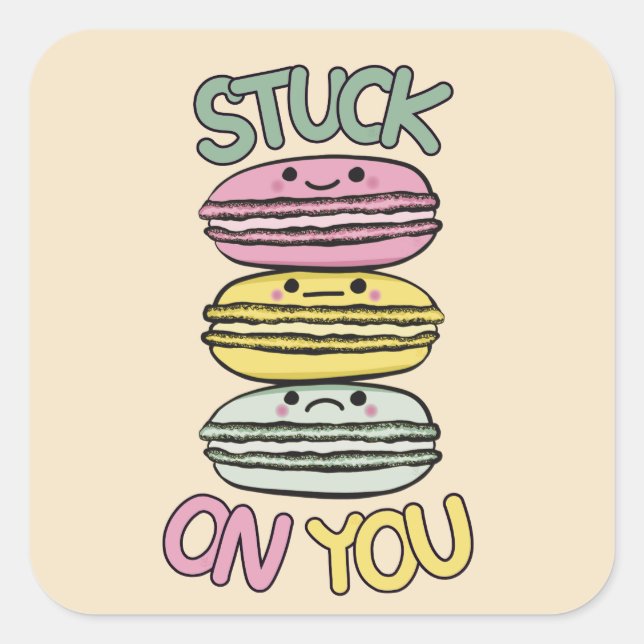 Pegatina Cuadrada Pila de Macarons Kawaii Adorables (Anverso)