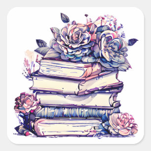 Pegatina Cuadrada Pila vintage de libros y Rosas