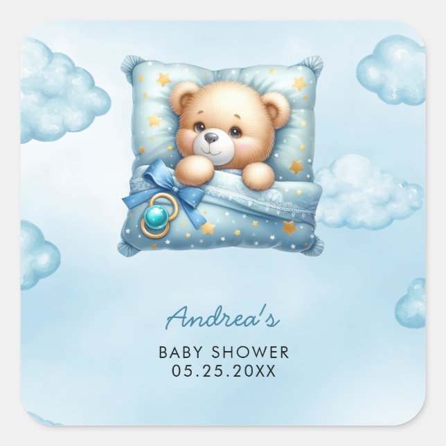 Pegatina Cuadrada Pillow Teddy Bear Baby Shower (Anverso)