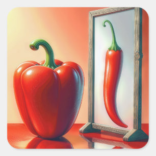 Pegatina Cuadrada Pimienta Campana Roja Mirando En El Espejo