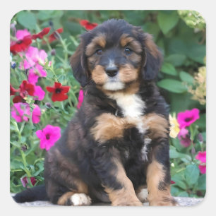 Pegatina Cuadrada Pimito bernedoodle en petunias