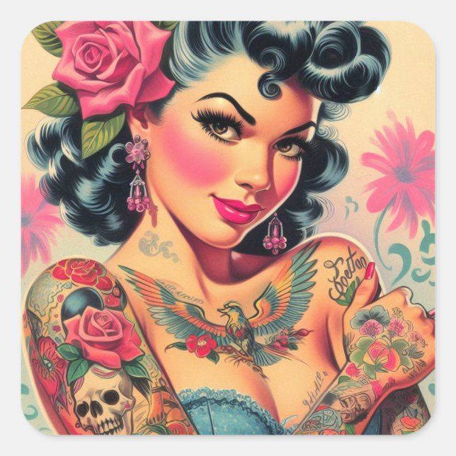 Pegatina Cuadrada Pin retro cute tatuoed (Anverso)