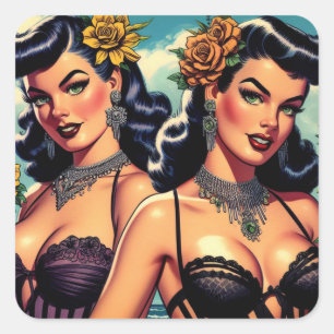 Pegatina Cuadrada Pin-up Chicas de Gótico retro