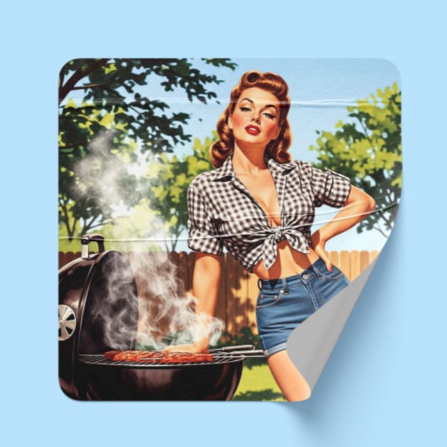 Pegatina Cuadrada Pin-up de barbacoa vintage (Subido por el creador)