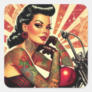 Pegatina Cuadrada Pin-up Retro Biker