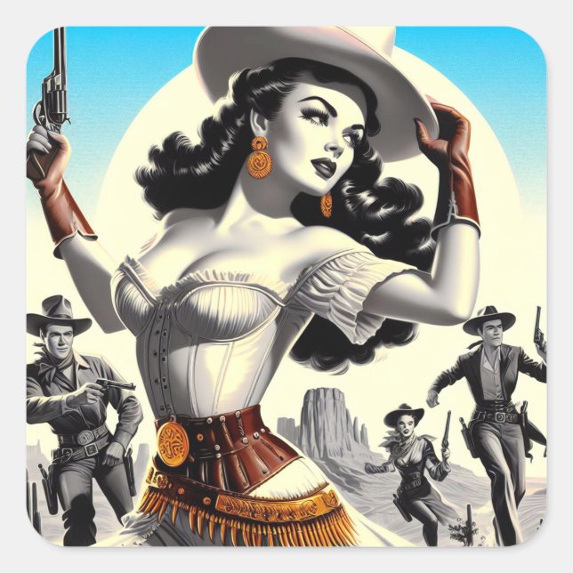 Pegatina Cuadrada Pin-up retro occidental (Anverso)
