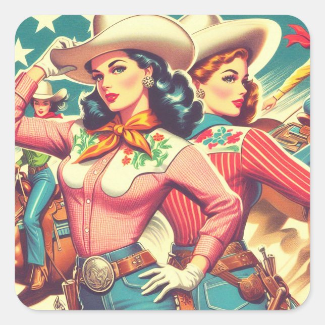 Pegatina Cuadrada Pin-ups Retro Cowgirls (Anverso)