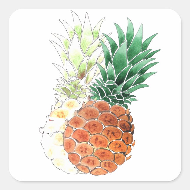 Pegatina Cuadrada Piña, acuarela. (Anverso)