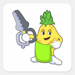 Pegatina Cuadrada Piña como peluquero con tijeras y Razor