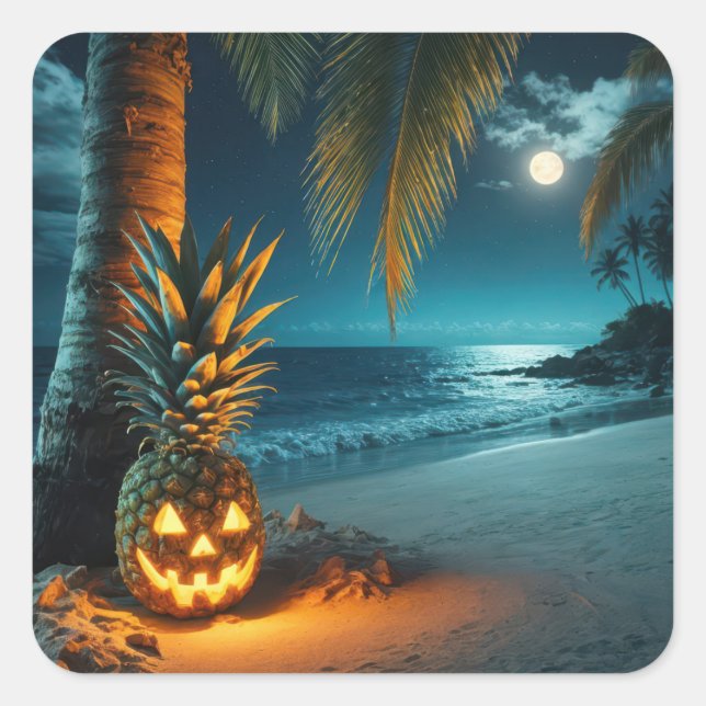 Pegatina Cuadrada Piña de Jack-o-lantern en una playa (Anverso)