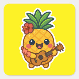 Pegatina Cuadrada Piña Kawaii sonriente - Tropical