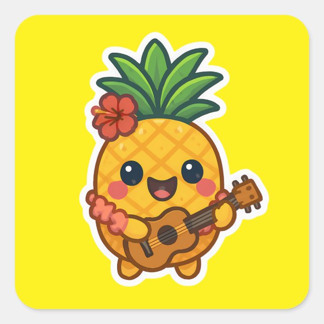Pegatina Cuadrada Piña Kawaii sonriente - Tropical (Anverso)
