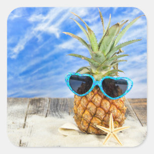 Pegatina Cuadrada piña tropical con gafas de sol