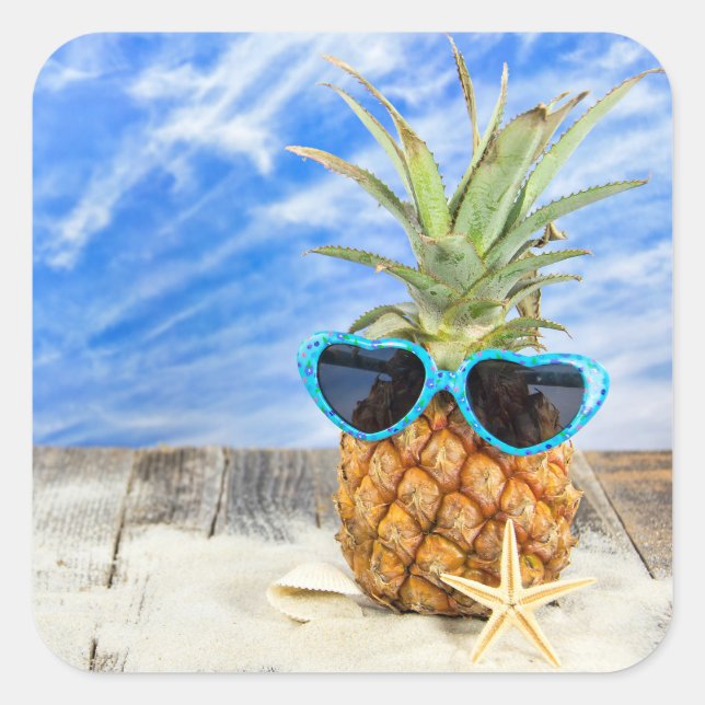 Pegatina Cuadrada piña tropical con gafas de sol (Anverso)