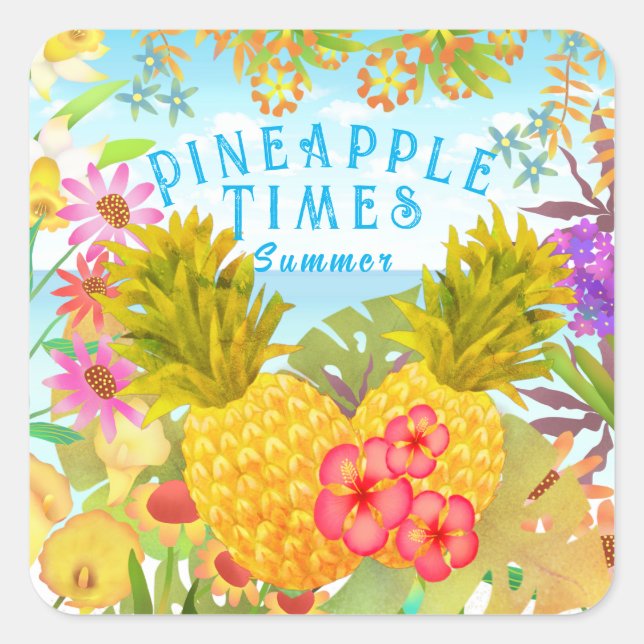 Pegatina Cuadrada Piñas con flor (Anverso)