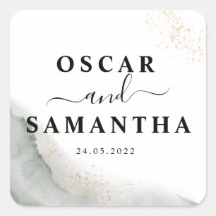 Pegatina Cuadrada Pinceladas abstractas de acuarela verde y dorado