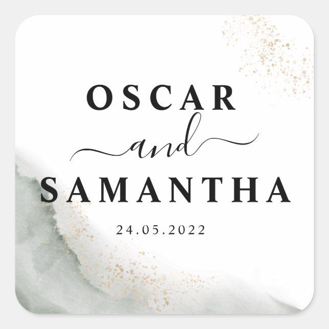 Pegatina Cuadrada Pinceladas abstractas de acuarela verde y dorado (Anverso)