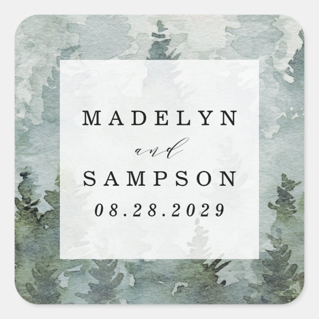 Pegatina Cuadrada Pine Tree Forest Rustic Watercolor Wedding Favor (Anverso)