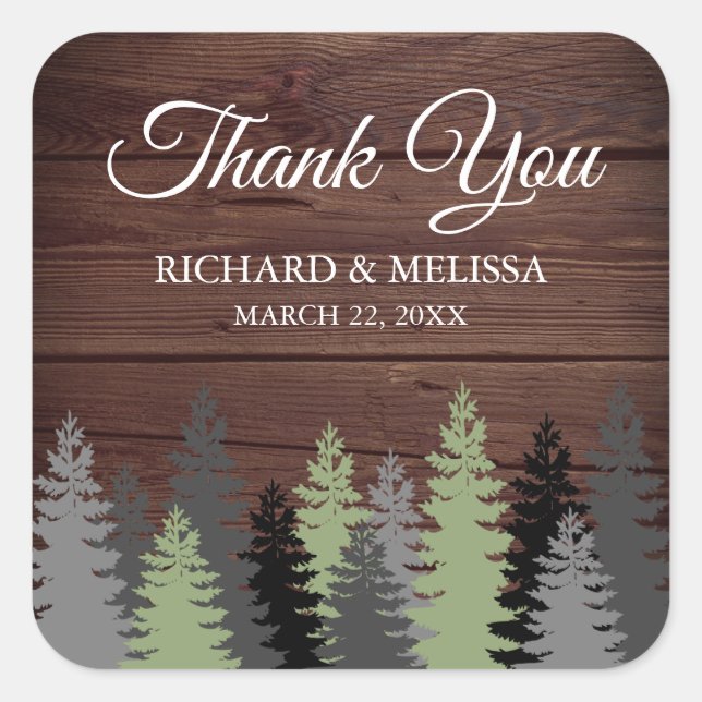 Pegatina Cuadrada Pine Trees Rustic Wood Winter Wedding Gracias (Anverso)