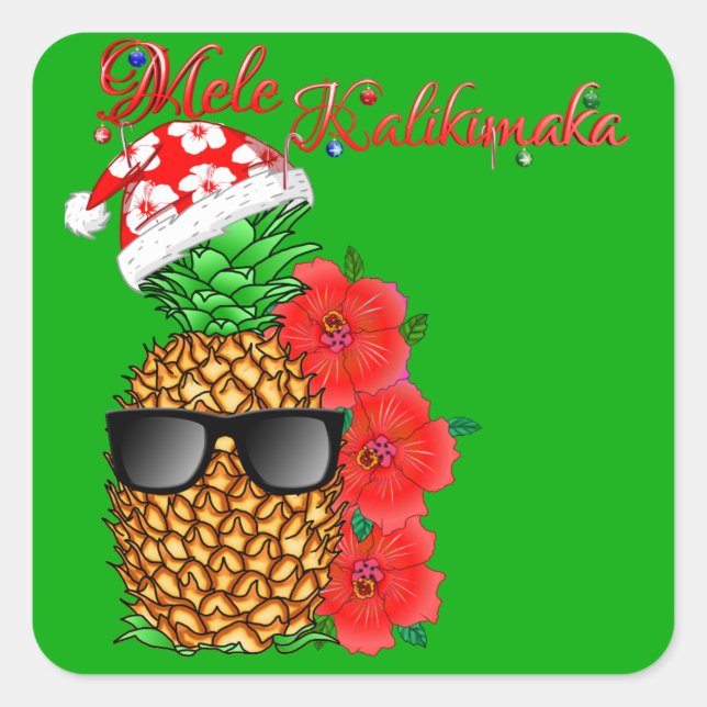 Pegatina Cuadrada Pineapple de los Navidades Mele Kalikimaka (Anverso)