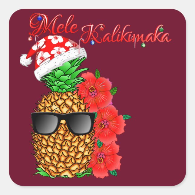 Pegatina Cuadrada Pineapple de los Navidades Mele Kalikimaka (Anverso)