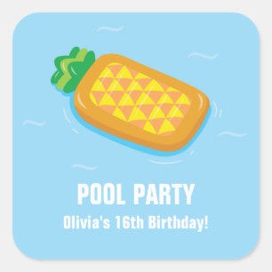 Pegatina Cuadrada Pineapple Float Pool Birthday Party Pegatinas