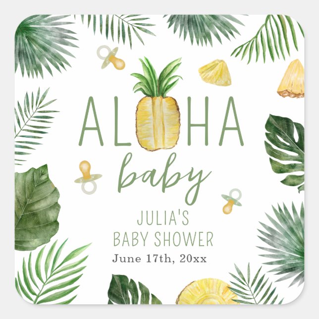 Pegatina Cuadrada Pineapples y Pacificadores Aloha Baby Shower Green (Anverso)