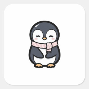Pegatina Cuadrada Pingüino Acogedor – Ilustración de Animal Kawaii A