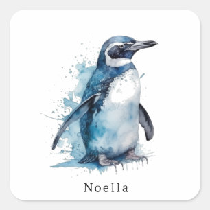 Pegatina Cuadrada Pingüino acuarela Ártico Azure, personalizado