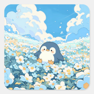 Pegatina Cuadrada Pingüino Adorable en Campo de Flores Silvestres Az