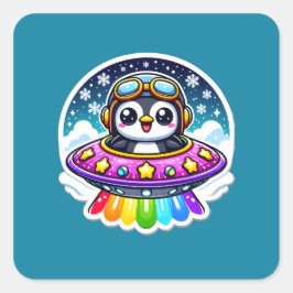 Pegatina Cuadrada Pingüino arcoiris de OVNI