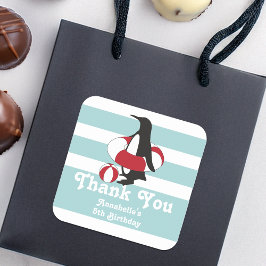 Pegatina Cuadrada Pingüino Azul Claro Gracias Niños Fiesta de Cumple