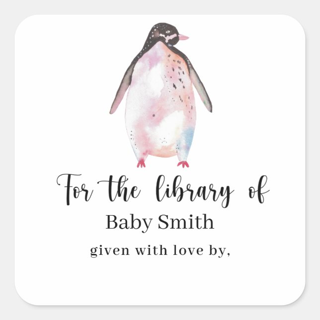 Pegatina Cuadrada Pingüino - Biblioteca de Baby Shower (Anverso)